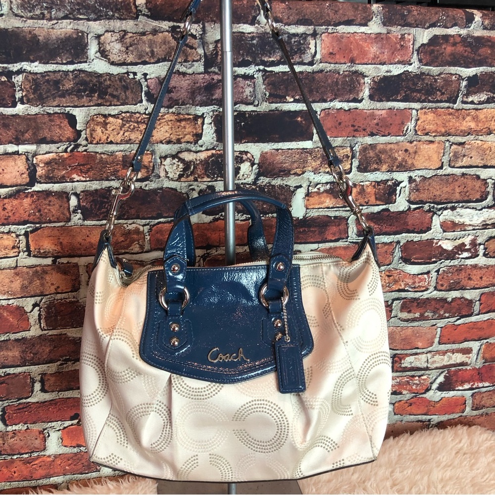 Coach Ashley Op Art Satchel F20027 in Khaki and Cobalt